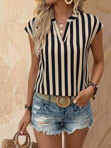 EMERY ROSE Notched V-Neck Stripe Print Elegant Office Wear Short Sleeve Blouse - Multicolor - View 1