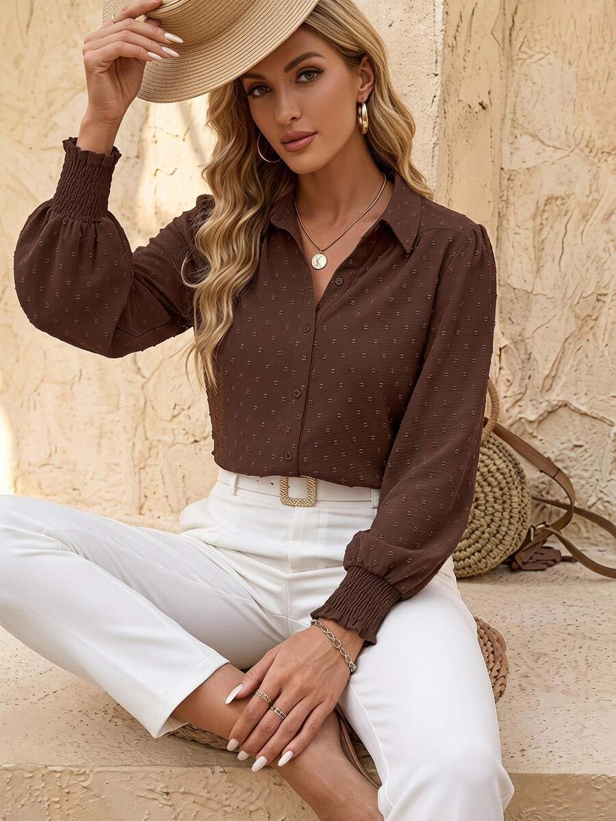 EMERY ROSE Women's Fashionable Casual Printed Cuff Sleeve Long Sleeve Shirt - Coffee Brown - View 1