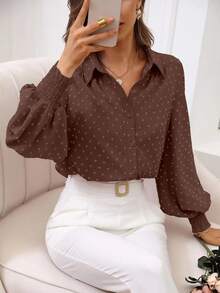 EMERY ROSE Women's Fashionable Casual Printed Cuff Sleeve Long Sleeve Shirt - Coffee Brown - View 7