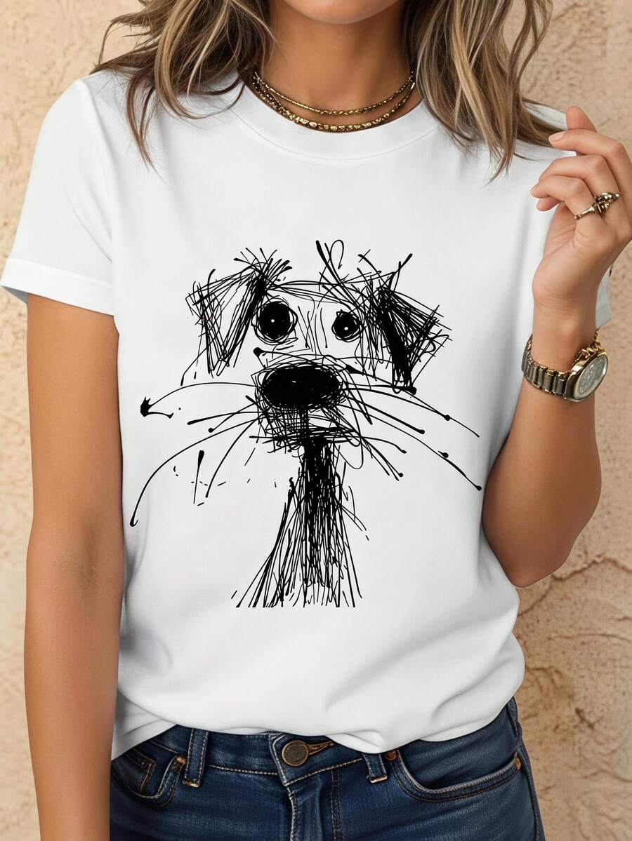 EMERY ROSE Camiseta de manga corta de cuello redondo casual para mujer con estampado de garabatos de perritos, versátil para el verano - Blanco - Ver 1