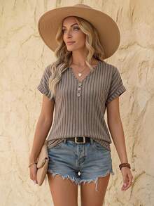 EMERY ROSE Women's Solid Color V-Neck Short Sleeve Button Design Ribbed Casual T-Shirt - Coffee Brown - View 1