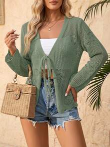 EMERY ROSE Simple Solid Color Knit Tie Front Cardigan, Suitable For Everyday Wear Fall Winter Cloth For Women - Green - View 1