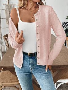 SHEIN Women's Solid Color Minimalist Everyday Knit Cardigan - Dusty Pink - View 3