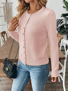 SHEIN Women's Solid Color Minimalist Everyday Knit Cardigan - Dusty Pink - View 5