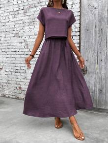 EMERY ROSE 2pcs Women Vacation Casual Solid Color Shirt & Skirt Set - Violet Purple - View 6