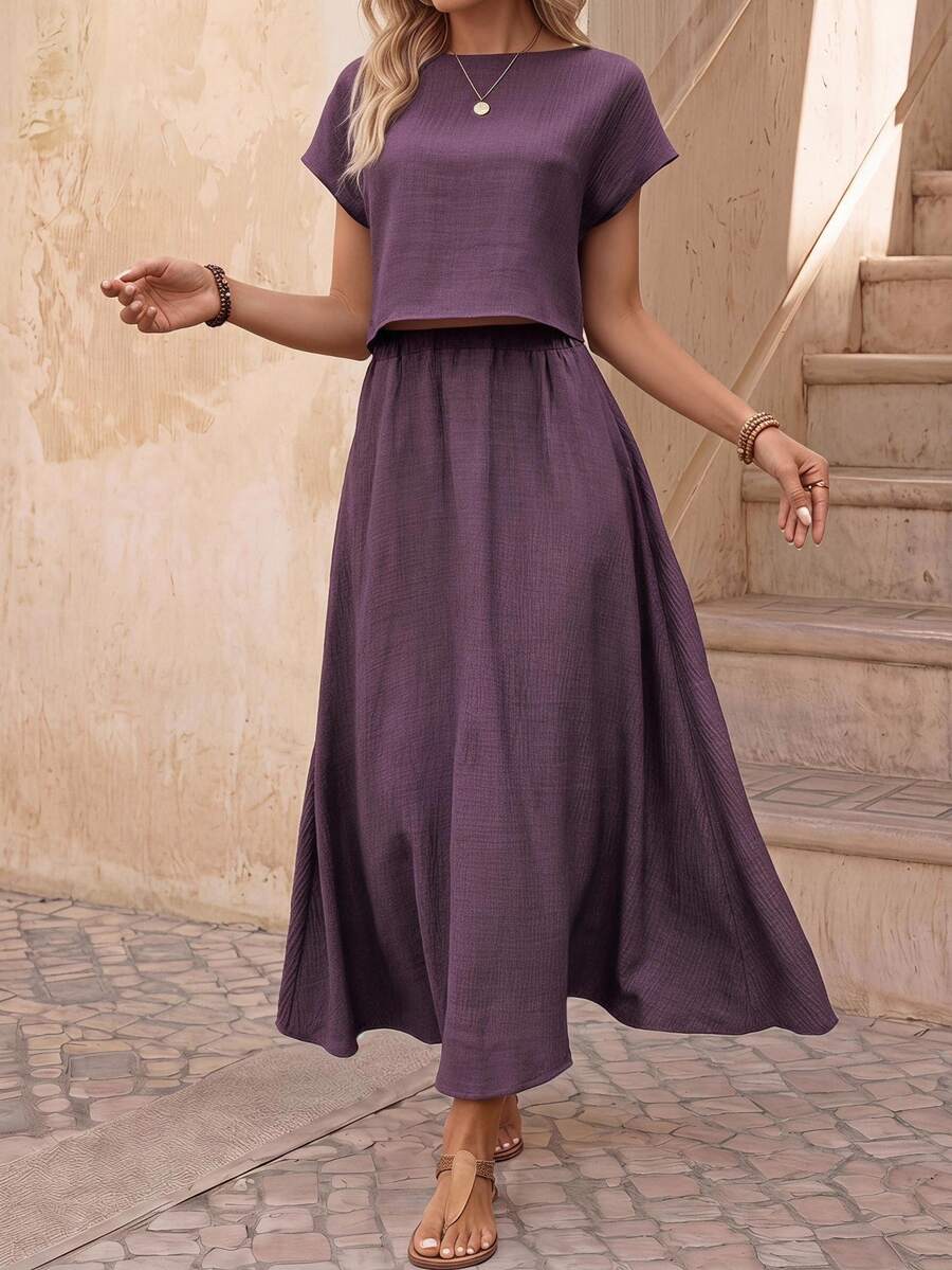 EMERY ROSE 2pcs Women Vacation Casual Solid Color Shirt & Skirt Set - Violet Purple - View 1