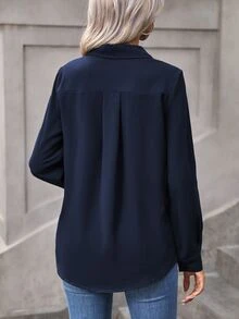 EMERY ROSE Solid Button Front Shirt,Long Sleeve Tops Fall Cloth For Women - Navy Blue - View 2