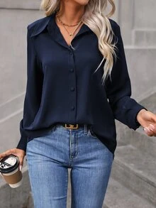 EMERY ROSE Solid Button Front Shirt,Long Sleeve Tops Fall Cloth For Women - Navy Blue - View 3