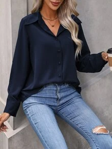 EMERY ROSE Solid Button Front Shirt,Long Sleeve Tops Fall Cloth For Women - Navy Blue - View 7