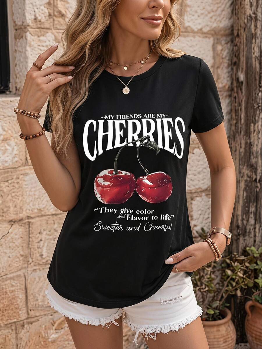 EMERY ROSE Women's Casual Cherry Print Round Neck Short Sleeve T-Shirt, Summer - Black - View 1