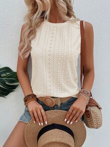 SHEIN Solid Eyelet Embroidery Tank Top - Beige - View 3