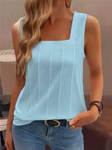 EMERY ROSE Summer New Sleeveless Wide Strap Square Neck Discounted Loose Fit Women Tank Top - Baby Blue - View 3