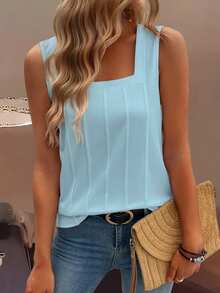 EMERY ROSE Summer New Sleeveless Wide Strap Square Neck Discounted Loose Fit Women Tank Top - Baby Blue - View 6