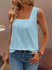 EMERY ROSE Summer New Sleeveless Wide Strap Square Neck Discounted Loose Fit Women Tank Top - Baby Blue - View 8