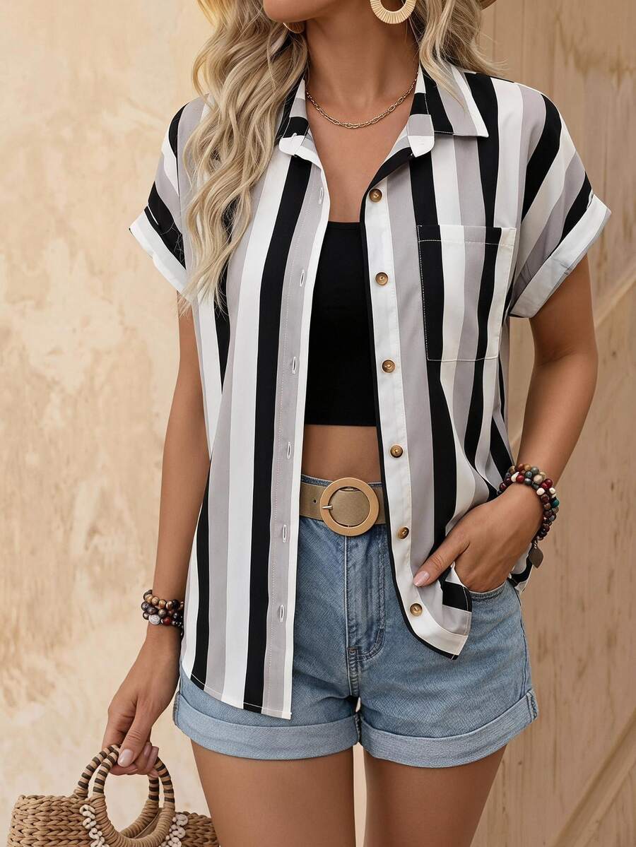 EMERY ROSE Women's Summer Striped Pocket Casual Vacation Front Button Short Sleeve Shirt - Multicolor - View 1