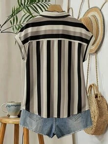EMERY ROSE Women's Summer Striped Pocket Casual Vacation Front Button Short Sleeve Shirt - Multicolor - View 5