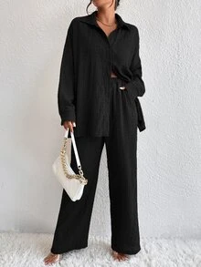EMERY ROSE Solid Drop Shoulder Shirt & Wide Leg Trousers - Black - View 7