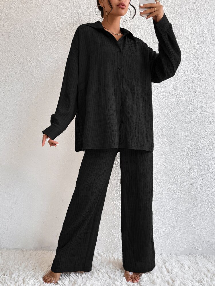 EMERY ROSE Solid Drop Shoulder Shirt & Wide Leg Trousers - Black - View 4