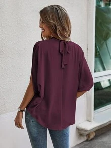 EMERY ROSE Camisa casual de media manga y unicolor para hombres, para ir al trabajo en verano - Burdeos - Ver 2