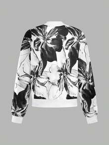 EMERY ROSE Women's Floral Print Long Sleeve Zipper Collar Baseball Jacket Fall Winter Cloth For Women - Black and White - View 3
