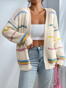 SHEIN 彩色条纹落肩长袖开衫、长袖上衣 - 彩色 - 查看 5