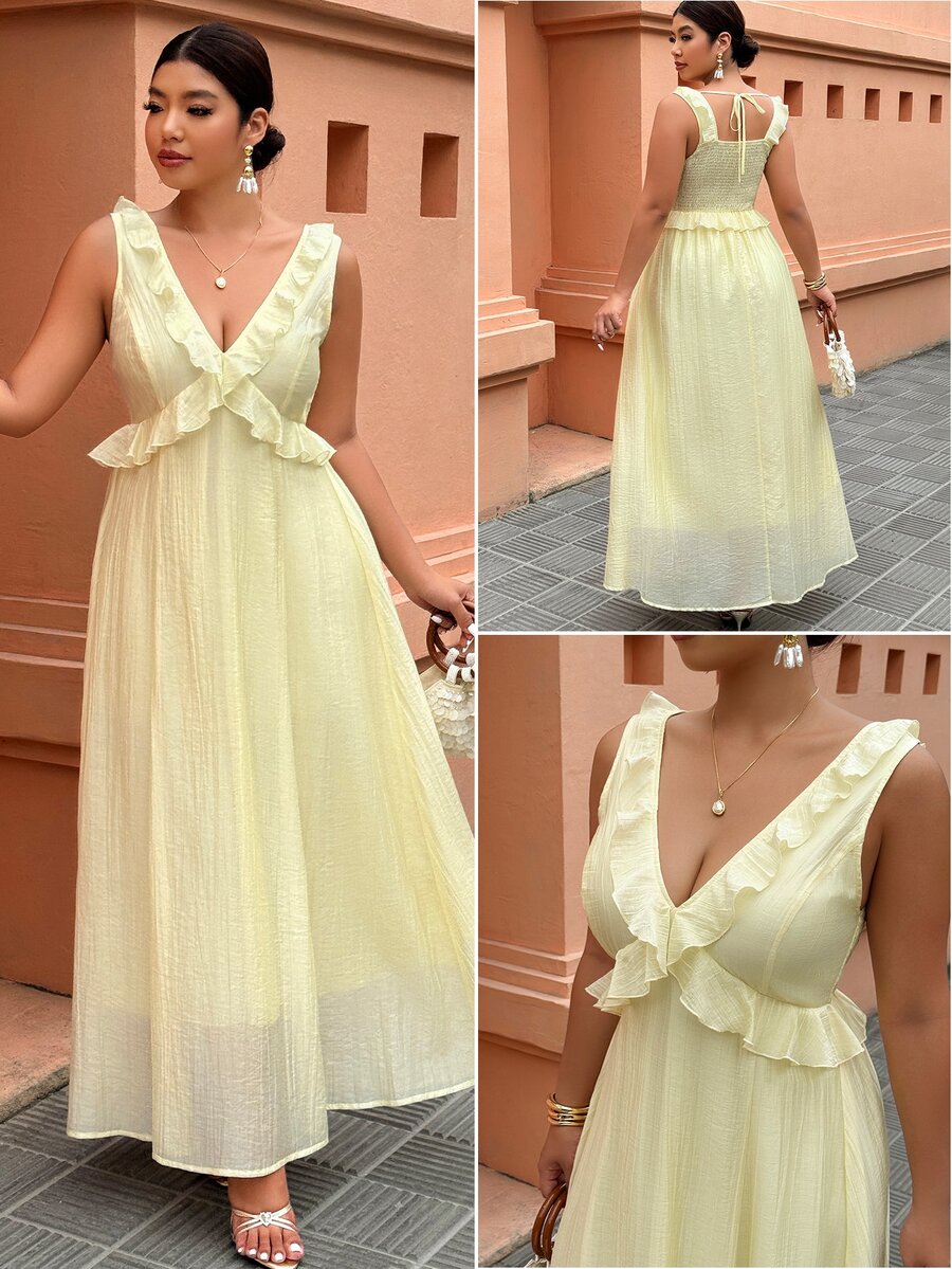 Weeklong Women's Yellow Ruffle A-Line Vacation Dress, Casual Daily Holiday, Garden Party Outfit, Fashionable Traveling Dress Elegant - Yellow - View 1
