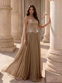 Coutiva Women's Rhinestone Decorated Ruched Elegant Waist-Cinching Strapless Evening Gown - Khaki - View 4