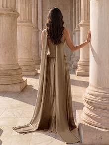 Coutiva Women's Rhinestone Decorated Ruched Elegant Waist-Cinching Strapless Evening Gown - Khaki - View 2