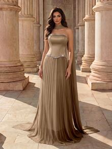 Coutiva Women's Rhinestone Decorated Ruched Elegant Waist-Cinching Strapless Evening Gown - Khaki - View 1
