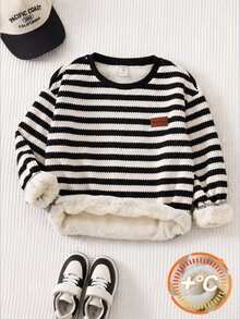 SHEIN 青少年男孩休閒寬鬆韓系圓領彩色條紋保暖內裡複合絨毛拼接運動衫，適合通勤、上學、日常休閒外出與運動，秋冬款 - 黑與白 - 查看 3