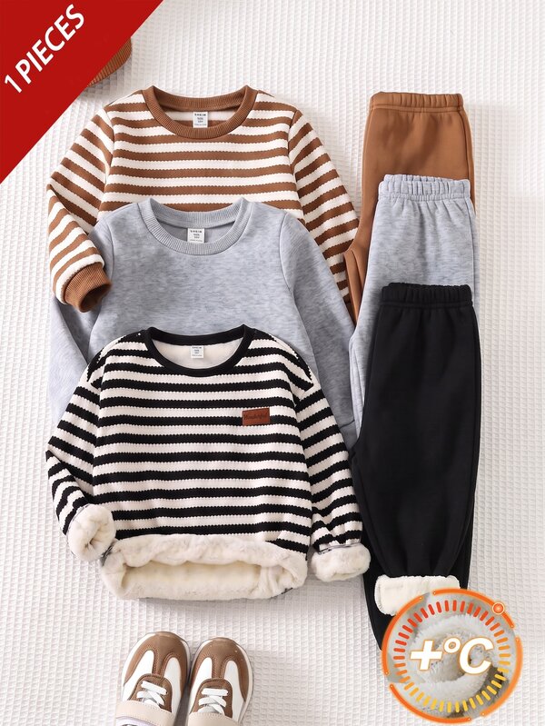 SHEIN Tween Boy Casual Loose Fit Korean Style Crew Neck Colorful Striped Fleece Lined Composite Plush Patchwork Sweatshirt Suitable For Commuting School Daily Casual Outings Sports Autumn/Winter