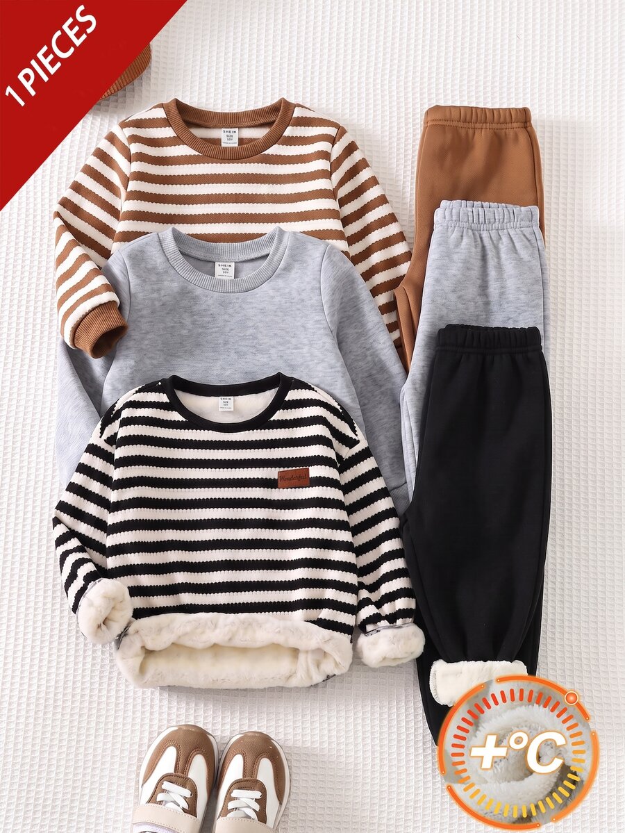 SHEIN 青少年男孩休閒寬鬆韓系圓領彩色條紋保暖內裡複合絨毛拼接運動衫,適合通勤、上學、日常休閒外出與運動,秋冬款 - 黑與白 - 查看 1