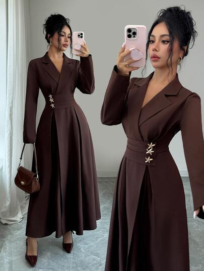 Elenzga Rochie lungă elegantă de damă pentru toamnă/iarnă, cu guler tip rever, talie strânsă, decor metalic cu stele, mânecă lungă și umeri reguși, pentru ieșiri, navetă și ședințe