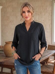 EMERY ROSE Women's Autumn Casual Solid Color Notch Collar Blouse - Black - View 4