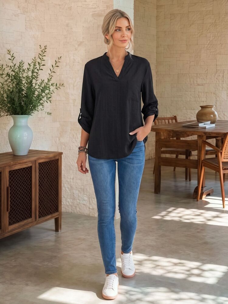 EMERY ROSE Women's Autumn Casual Solid Color Notch Collar Blouse - Black - View 6