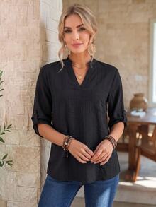 EMERY ROSE Women's Autumn Casual Solid Color Notch Collar Blouse - Black - View 3