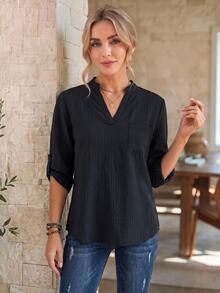 EMERY ROSE Women's Autumn Casual Solid Color Notch Collar Blouse - Black - View 1