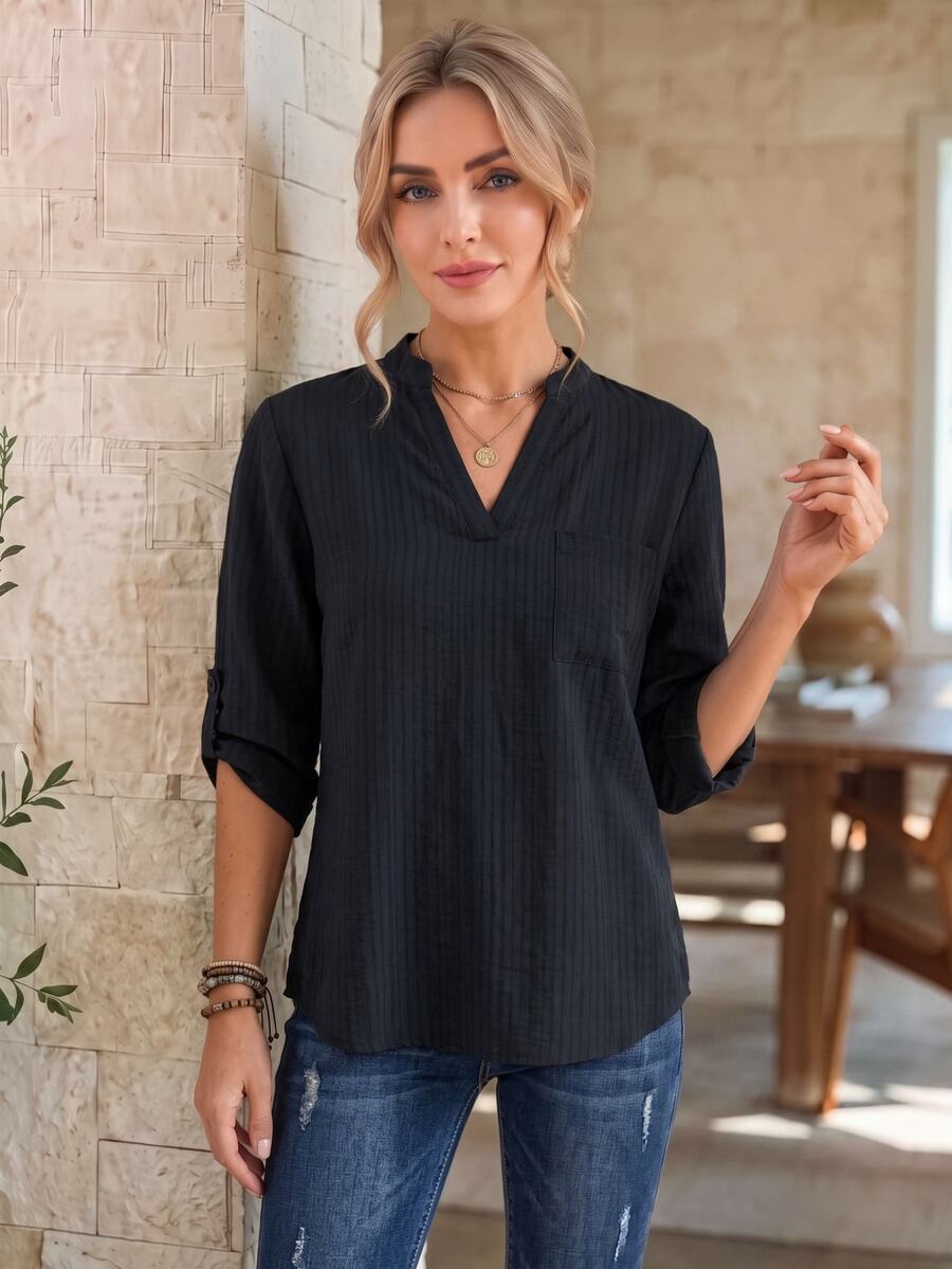 EMERY ROSE Women's Autumn Casual Solid Color Notch Collar Blouse - Black - View 1