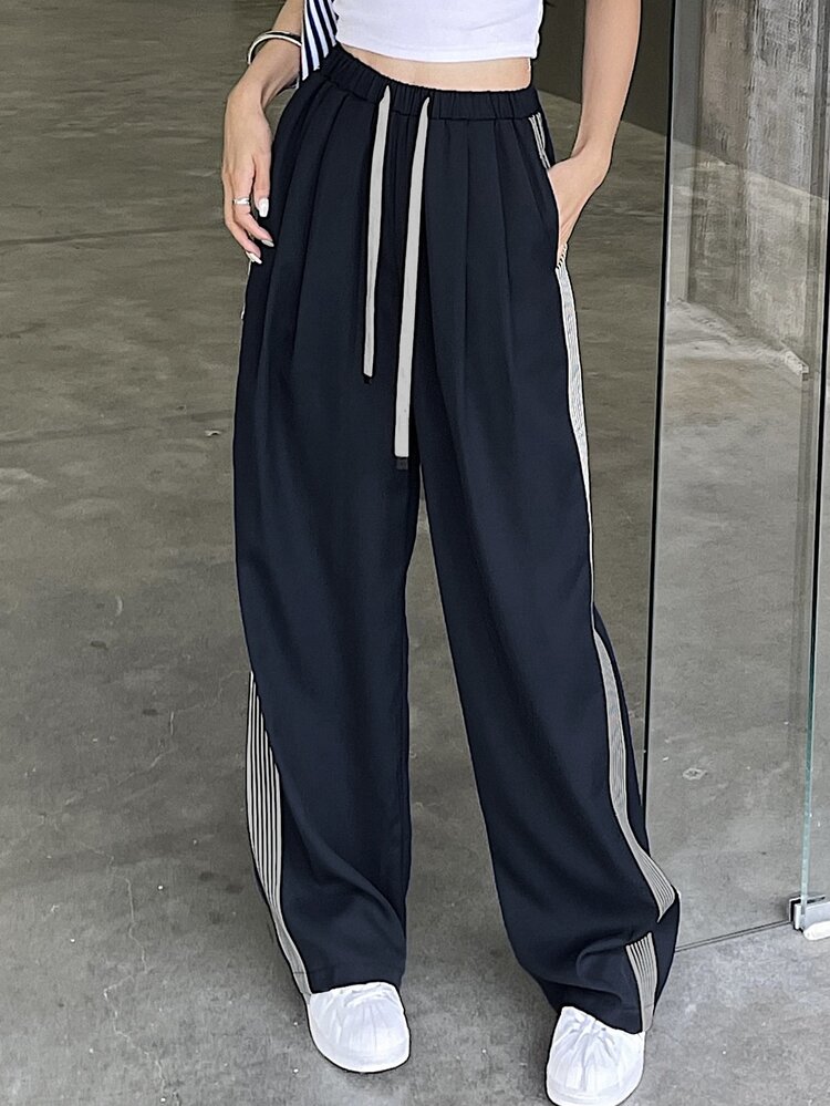 DAZY Women Patchwork Side Slit Pleated Drawstring Waist Casual Straight Pants,Women Joggers - Navy Blue - View 3