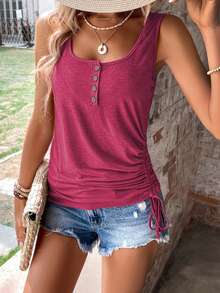 EMERY ROSE Half Button Drawstring Side Tank Top - Hot Pink - View 3