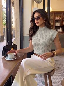 Firerie Áo dệt kim tay ngắn họa tiết da báo đen trắng phong cách Pháp thanh lịch cho tiệc trà, brunch mùa hè - trắng - Xem 8