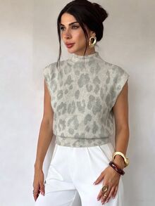 Firerie Áo dệt kim tay ngắn họa tiết da báo đen trắng phong cách Pháp thanh lịch cho tiệc trà, brunch mùa hè - trắng - Xem 3