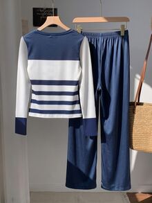 Comfortcana Women's Colorblock Striped Long Sleeve Top And Pants 2 Pieces Set, Autumn Clothes, Winter Outfit For Women - Multicolor - View 2