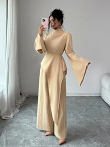 Elenzga Setelan 2 Potong Atasan Wanita Elegan Warna Polos Kerah Tegak Lengan Lebar dengan Lapisan Asimetris untuk Musim Gugur/Dingin - Khaki - View 7