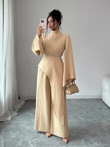 Elenzga Setelan 2 Potong Atasan Wanita Elegan Warna Polos Kerah Tegak Lengan Lebar dengan Lapisan Asimetris untuk Musim Gugur/Dingin - Khaki - View 3