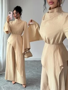 Elenzga Setelan 2 Potong Atasan Wanita Elegan Warna Polos Kerah Tegak Lengan Lebar dengan Lapisan Asimetris untuk Musim Gugur/Dingin - Khaki - View 1