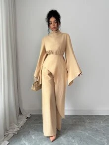 Elenzga Setelan 2 Potong Atasan Wanita Elegan Warna Polos Kerah Tegak Lengan Lebar dengan Lapisan Asimetris untuk Musim Gugur/Dingin - Khaki - View 5