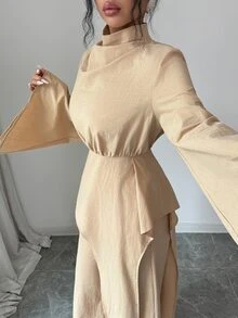 Elenzga Setelan 2 Potong Atasan Wanita Elegan Warna Polos Kerah Tegak Lengan Lebar dengan Lapisan Asimetris untuk Musim Gugur/Dingin - Khaki - View 6