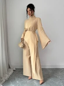 Elenzga Setelan 2 Potong Atasan Wanita Elegan Warna Polos Kerah Tegak Lengan Lebar dengan Lapisan Asimetris untuk Musim Gugur/Dingin - Khaki - View 4