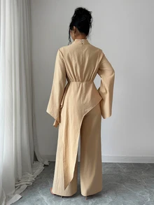 Elenzga Setelan 2 Potong Atasan Wanita Elegan Warna Polos Kerah Tegak Lengan Lebar dengan Lapisan Asimetris untuk Musim Gugur/Dingin - Khaki - View 2
